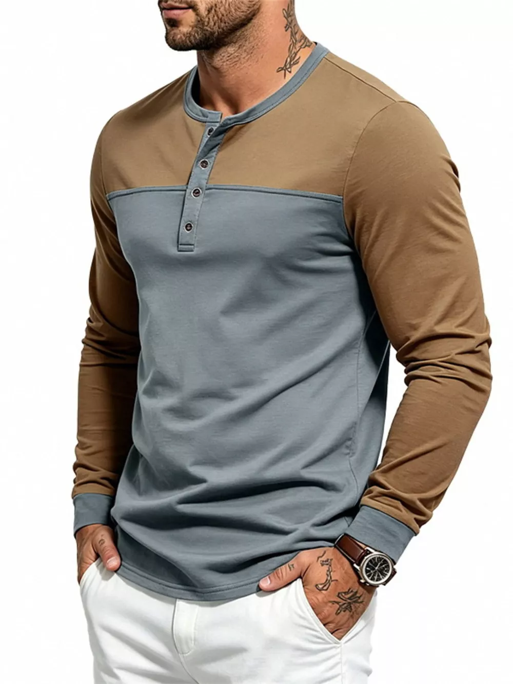 Men's Full Size Color-Block Long Sleeve Henley T-Shirt Plus Size, image 7