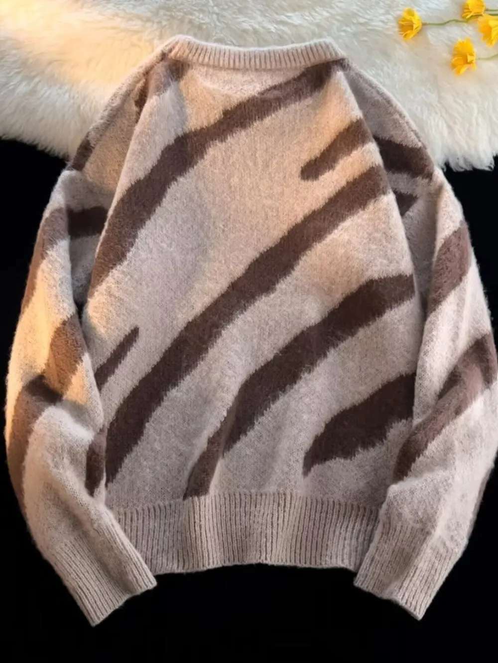 Men's Striped Fuzzy Knit Pullover Sweater, image 4