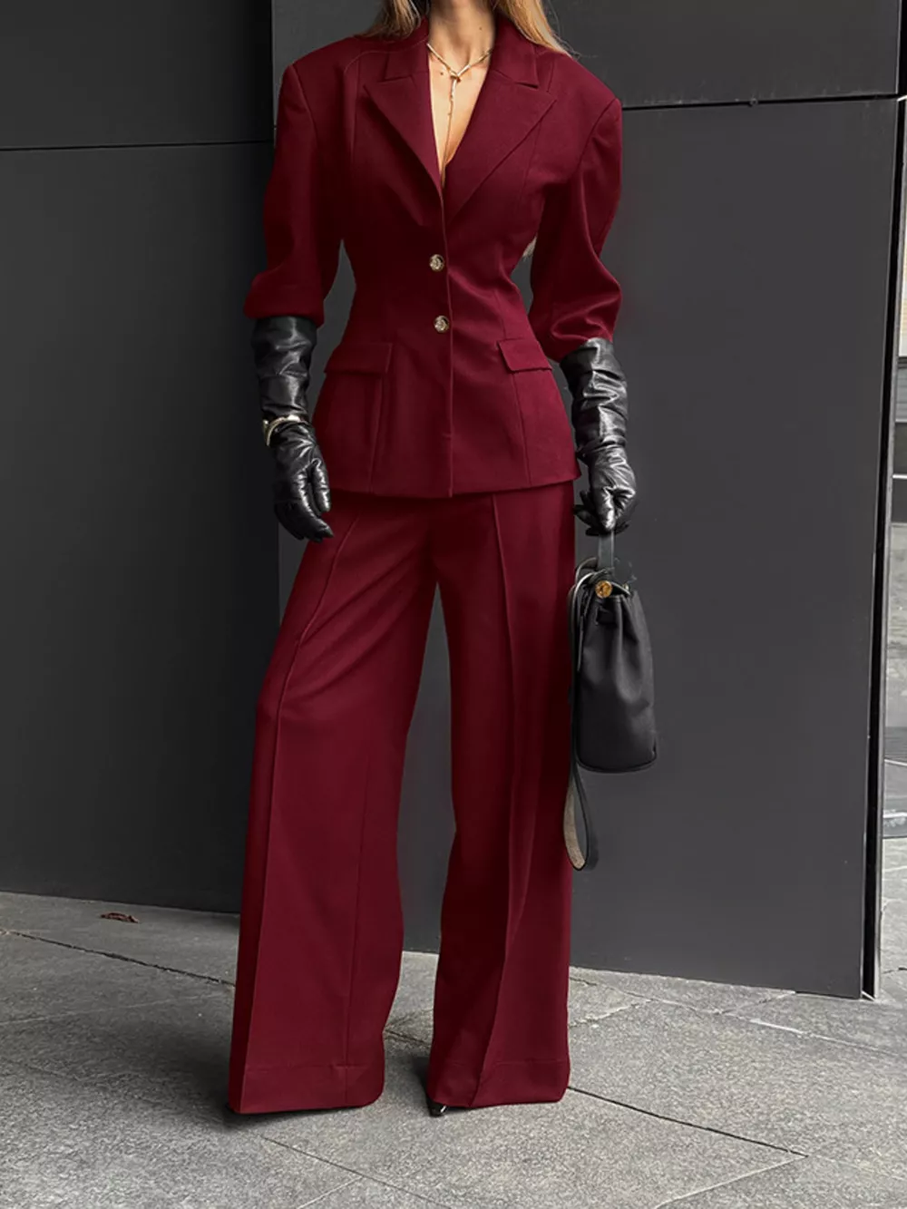 Lapel Collar Blazer and Wide-Leg Pants Set, image 6