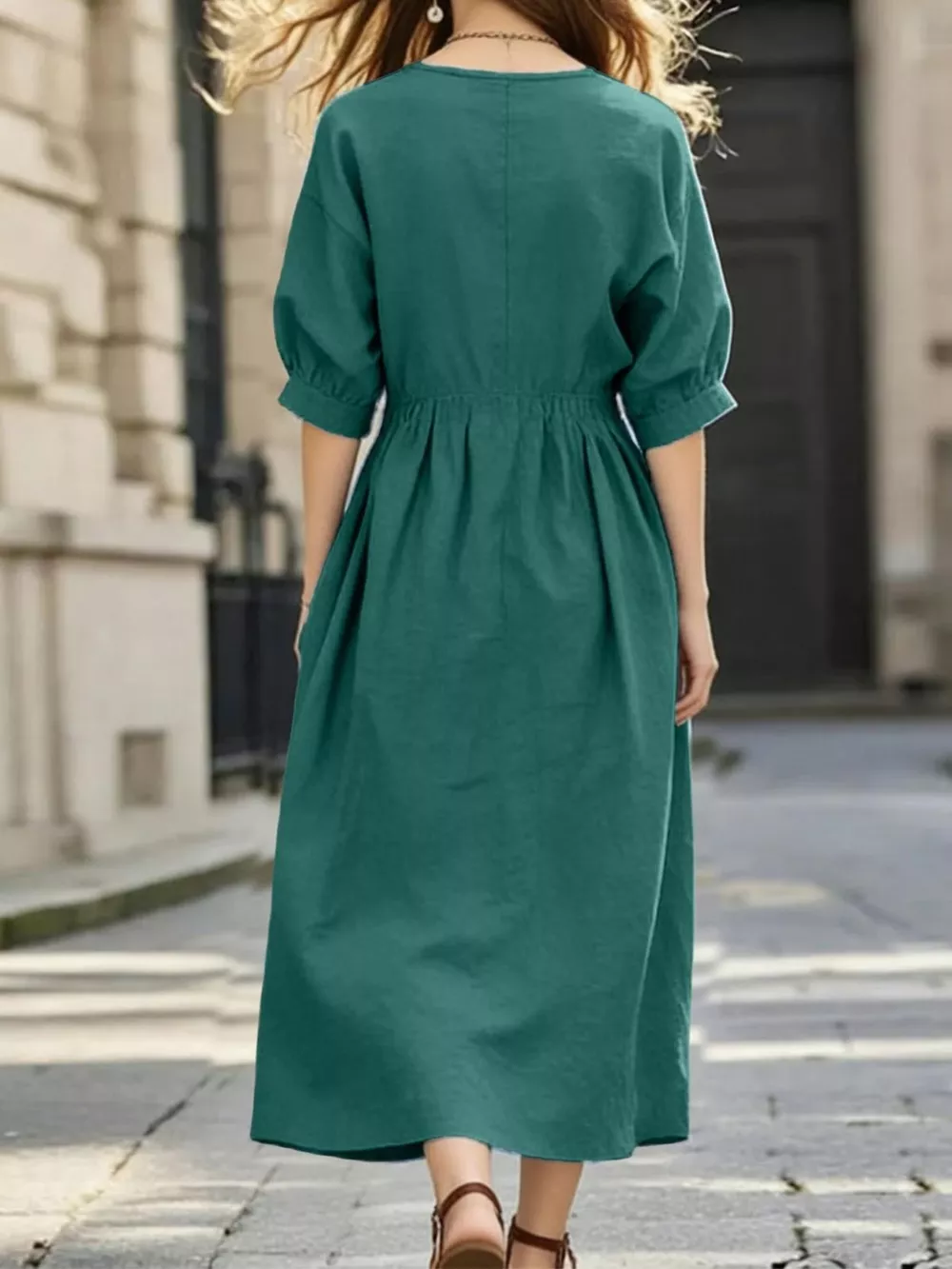 Notched Half Sleeve Midi Dress, image 6