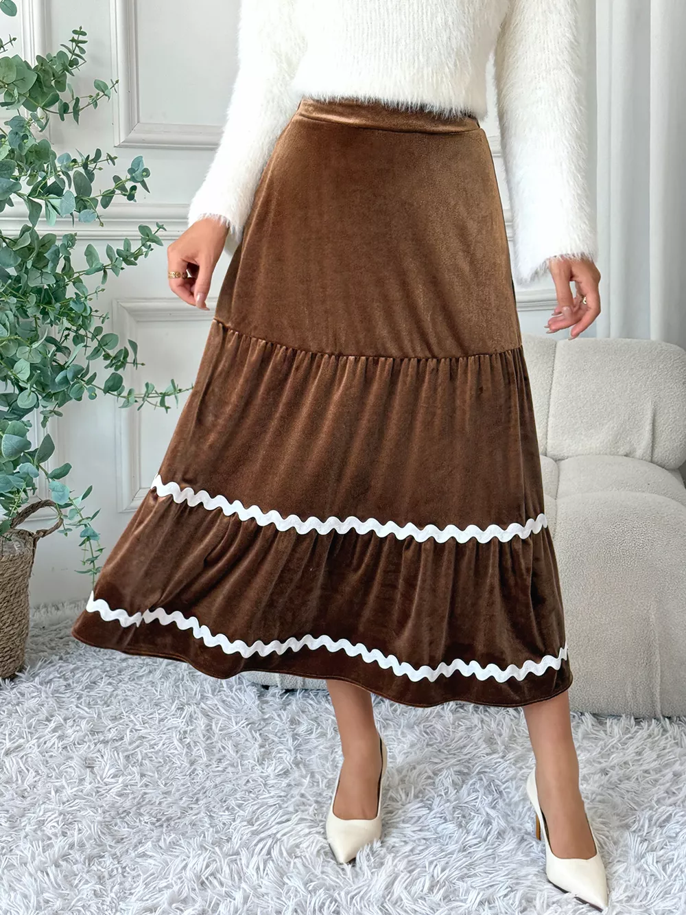 Velvet Tiered Midi Skirt, image 6