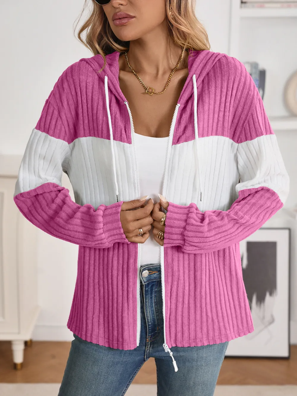 Drawstring Color Block Zip Up Outerwear, image 17