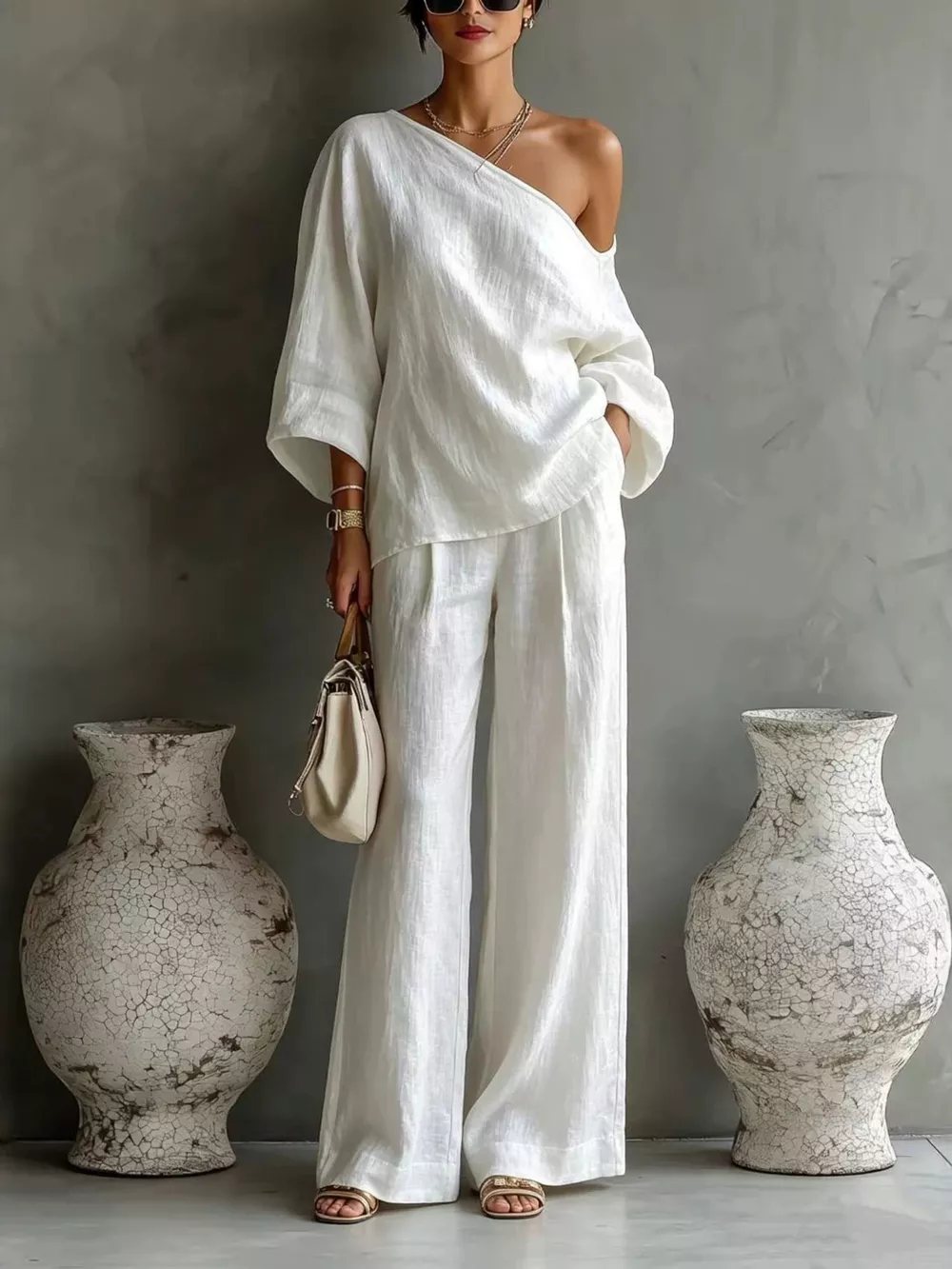 One Shoulder Top and Wide Leg Pants Set