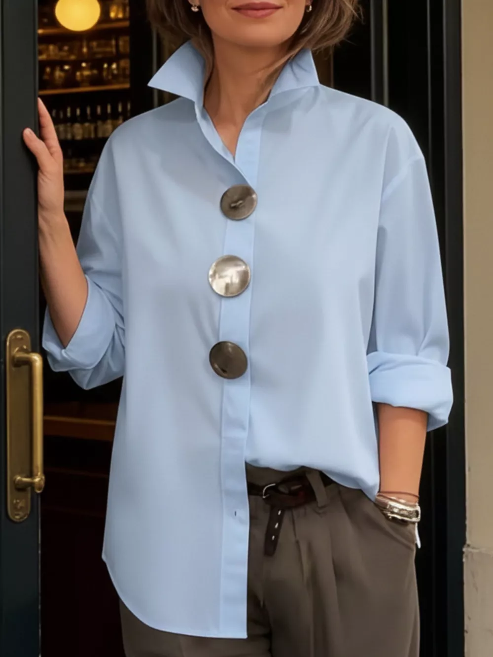 Full Size Oversized Metal Button Long Sleeve Shirt Plus Size, image 7