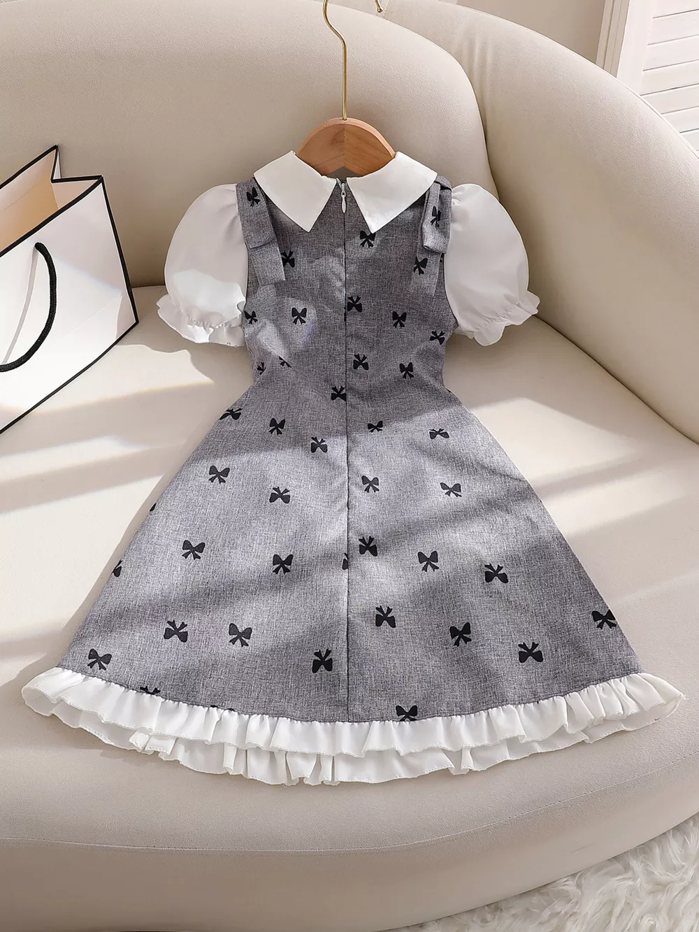 Children's Bow Print Puff Sleeve Dress, image 6