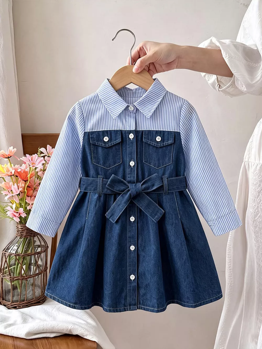 Children's Contrast Striped Denim Patchwork Dress with Belt