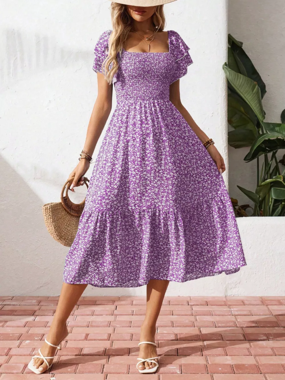 Floral Print Smocked Ruffle Sleeves Dress, image 9
