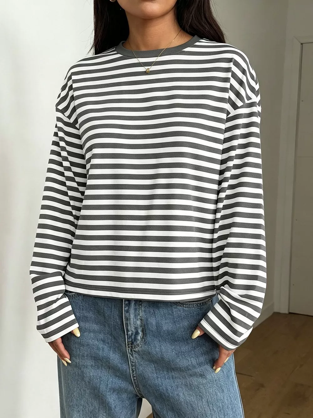Full Size Casual Long-Sleeve Striped Crew Neck T-Shirt Plus Size, image 5