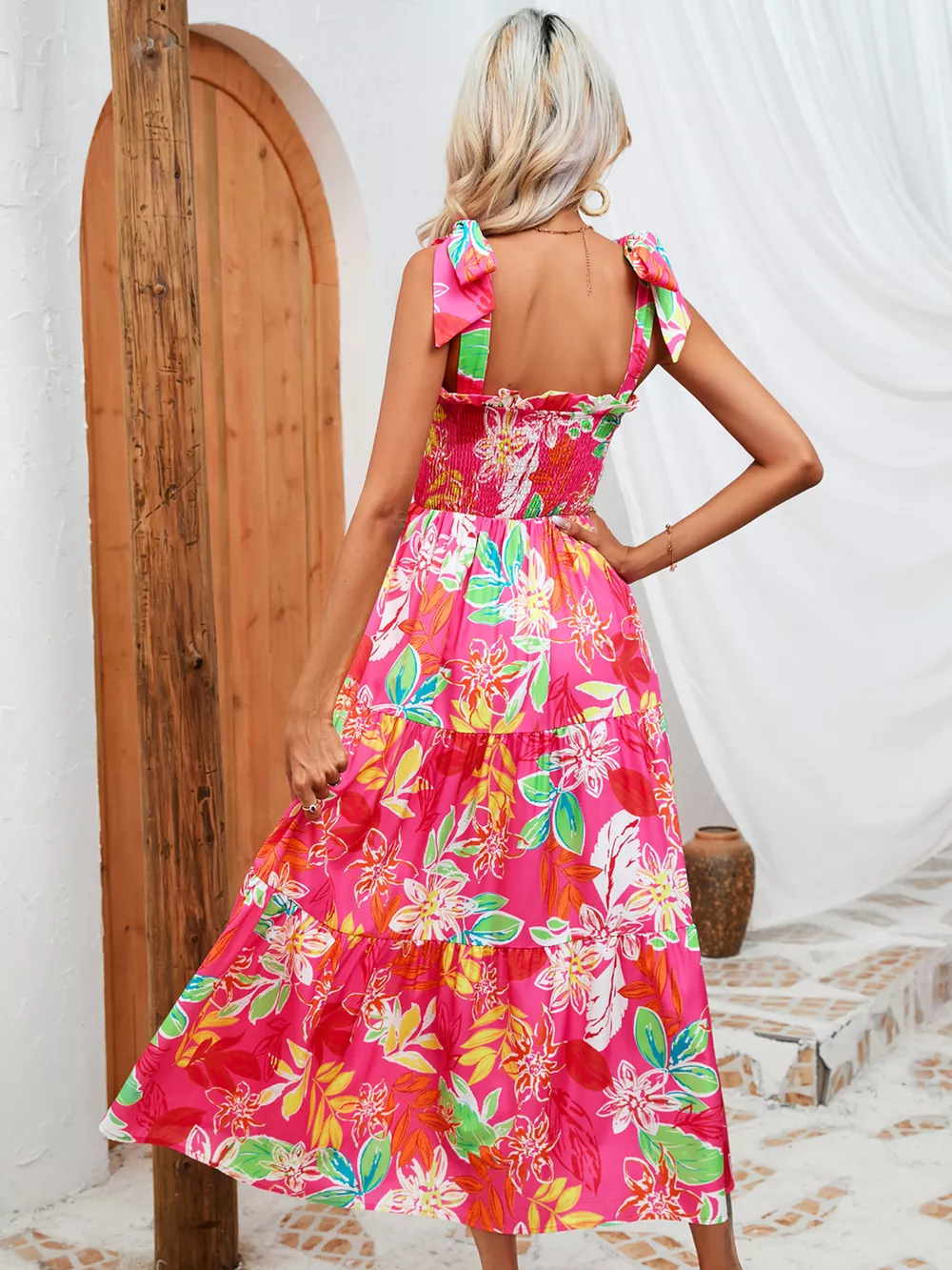 Tropical Print Smocked Tie-Strap Dress, image 14