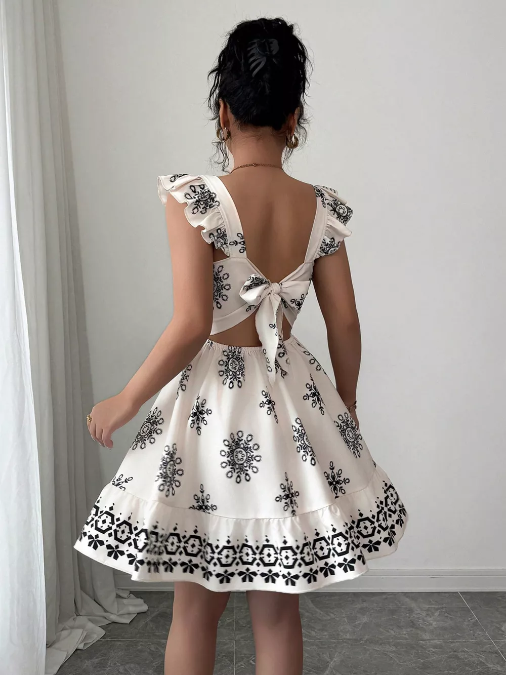 Printed Bow Back Square Neck Mini Dress, image 2