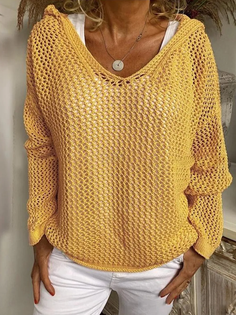 Openwork Long Sleeve Hooded Knit Cover Up, image 13