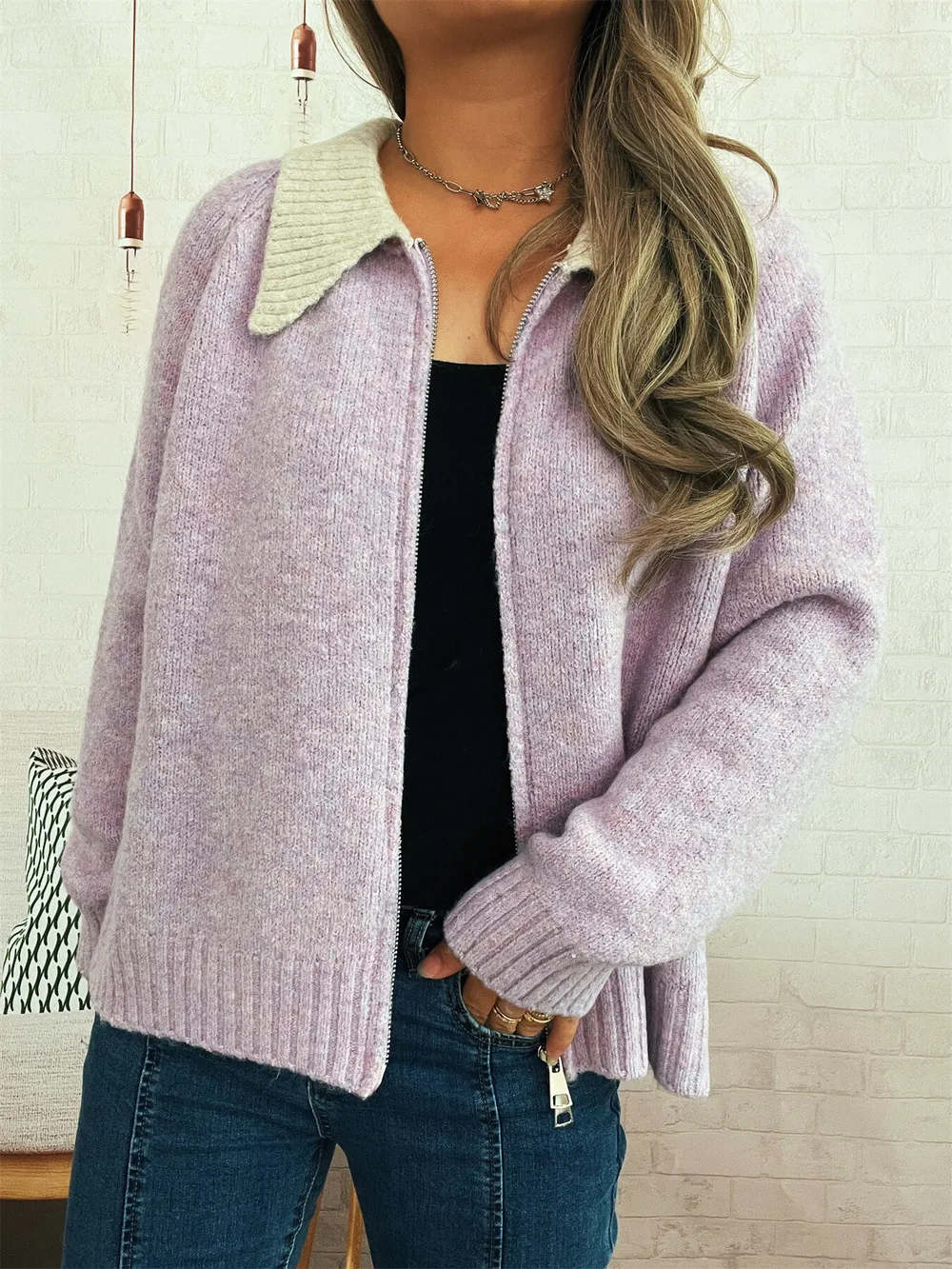 Contrast Collar Zip-Up Cardigan, image 11