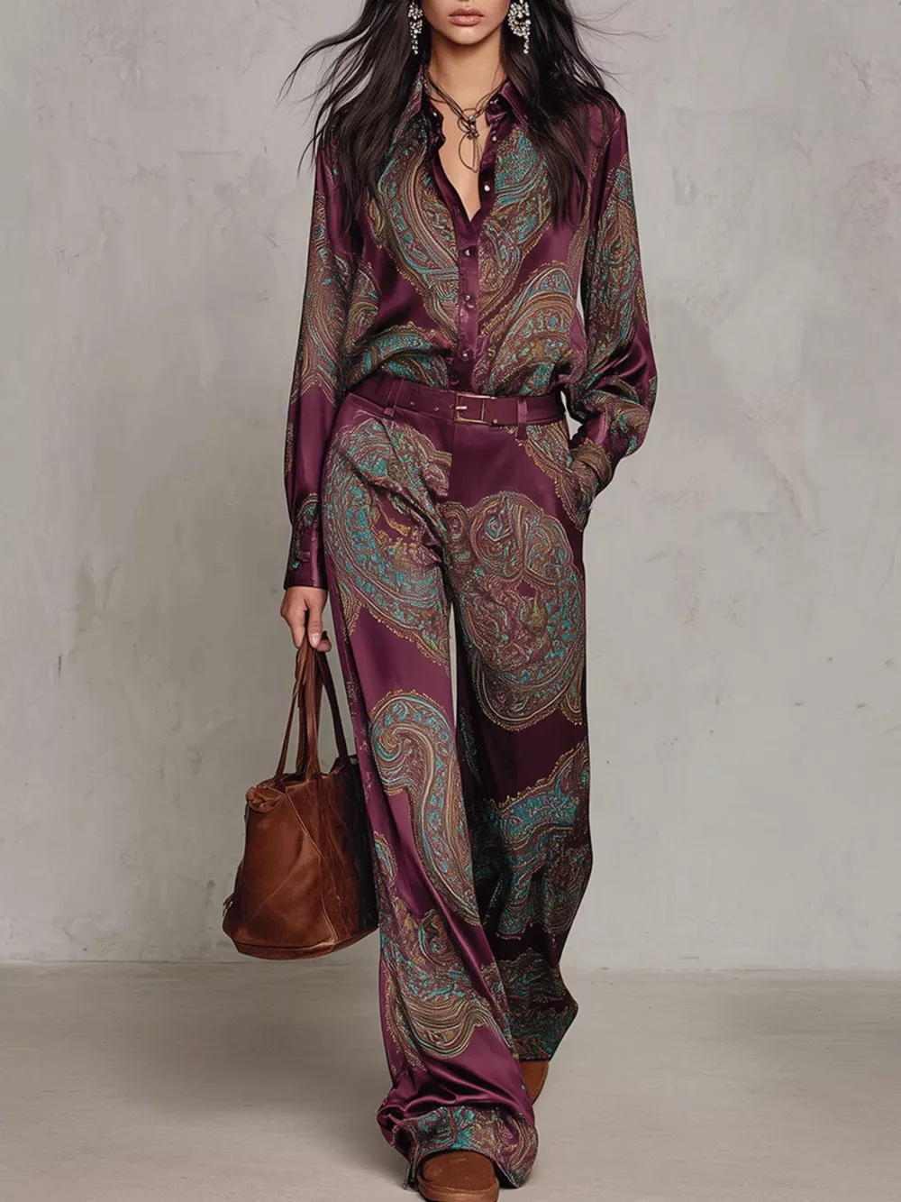 Paisley Print Long Sleeve Shirt and Wide-Leg Pants Set, image 2