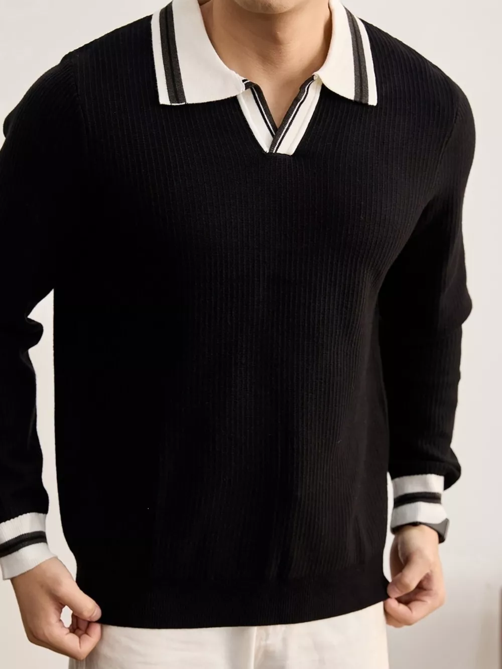 Men's Plus Size Contrast Trim Polo Collar Ribbed Knit Sweater, image 2