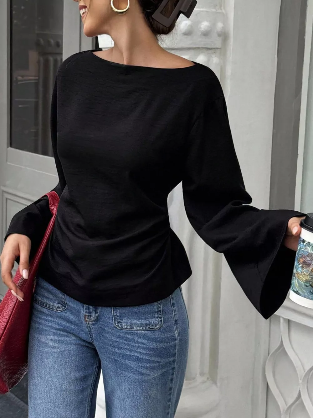 Boat Neck Long Sleeve Slim-Fit T-Shirt, image 3