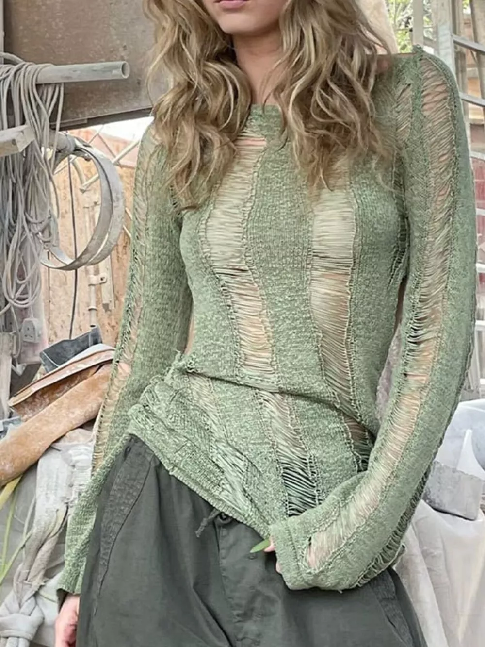 Backless Distressed Long Sleeve Knit Cover Up, image 2