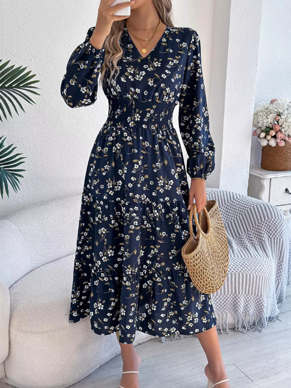 Floral Print Long Sleeve V-Neck Midi Dress, image 13