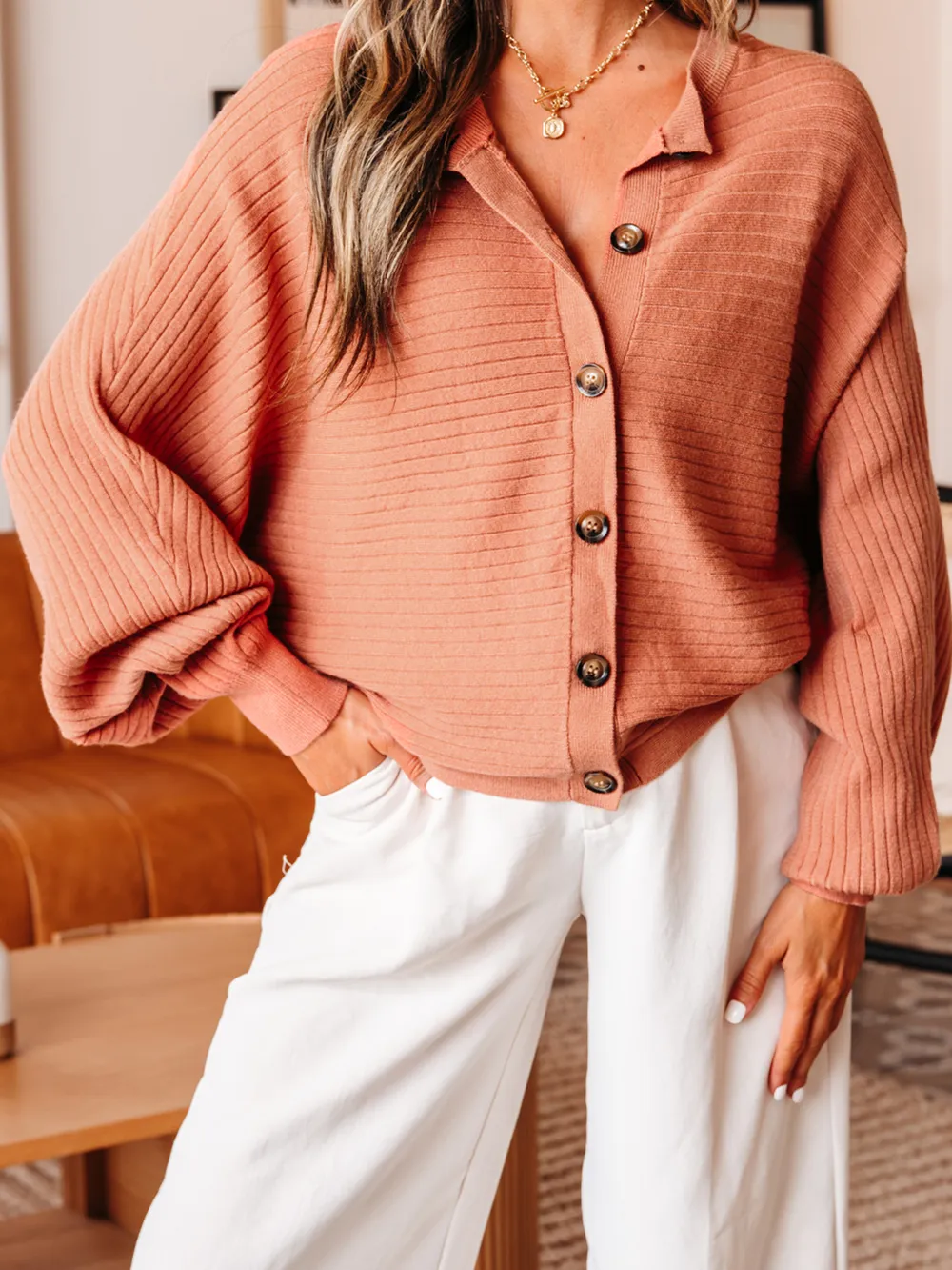 Rib Knit Button Front Dolman Sleeve Sweater Cardigan, image 11