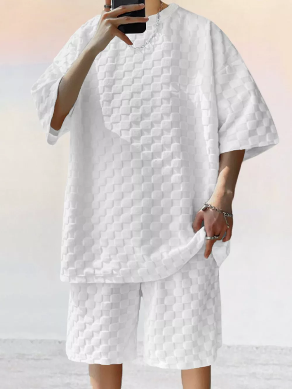 Men's Full Size Textured Short Sleeve Tee and Shorts Casual Set Plus Size, image 2