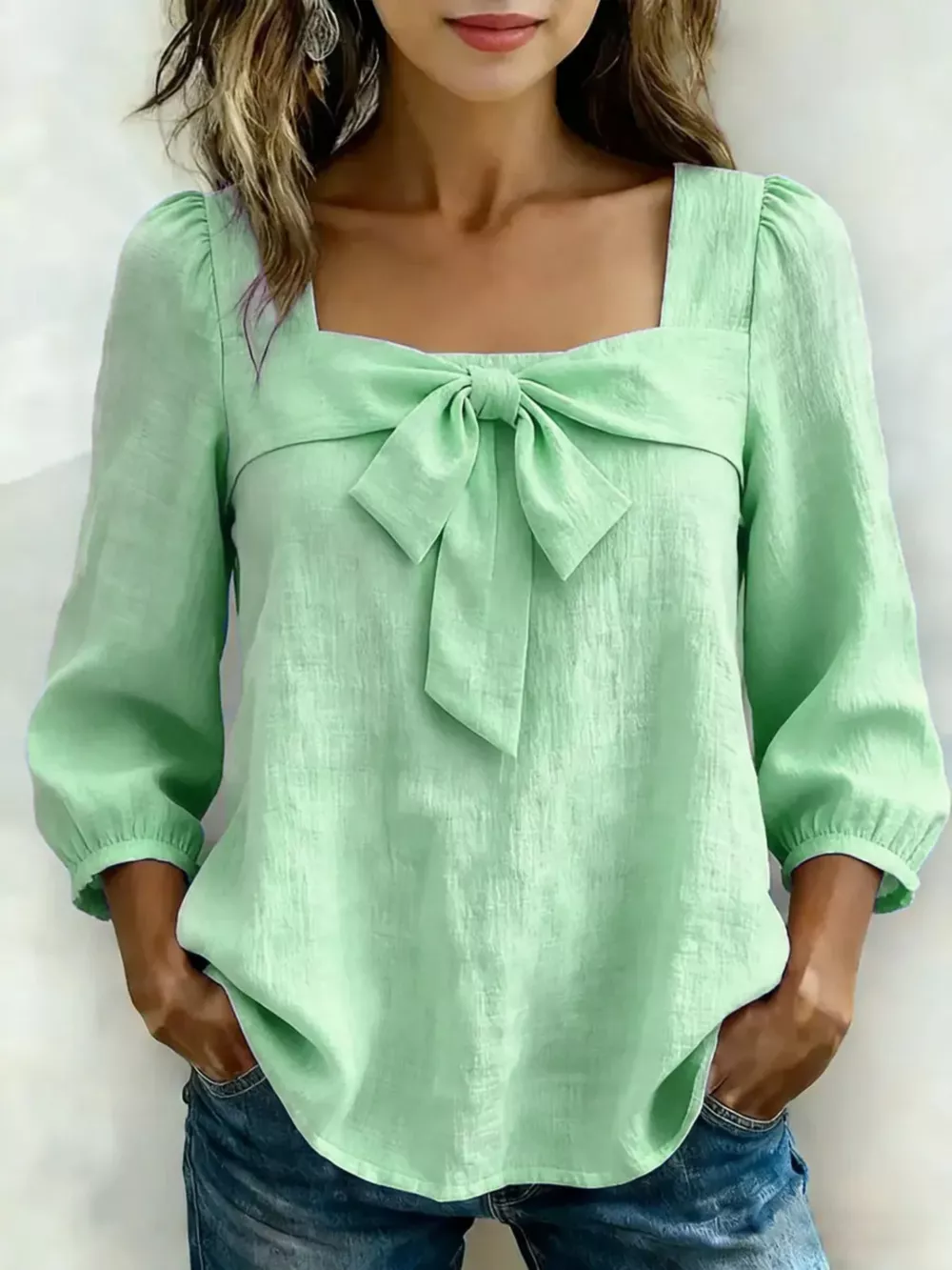 Full Size Bow Front Square Neck Blouse Plus Size, image 2