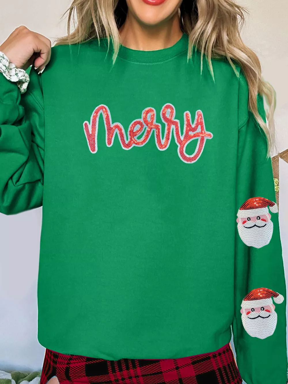 Sequin Letter Graphic Father Christmas Patched Sleeve Drop Shoulder Sweatshirt, image 5