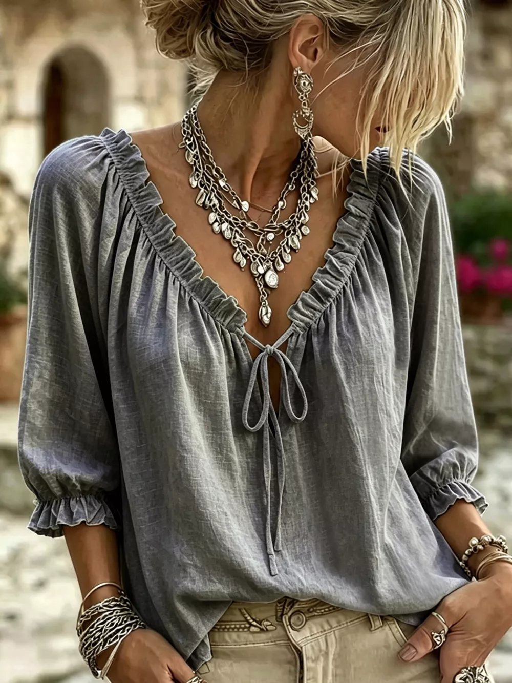 Frill Tie Neck 3/4 Sleeve Blouse, image 2
