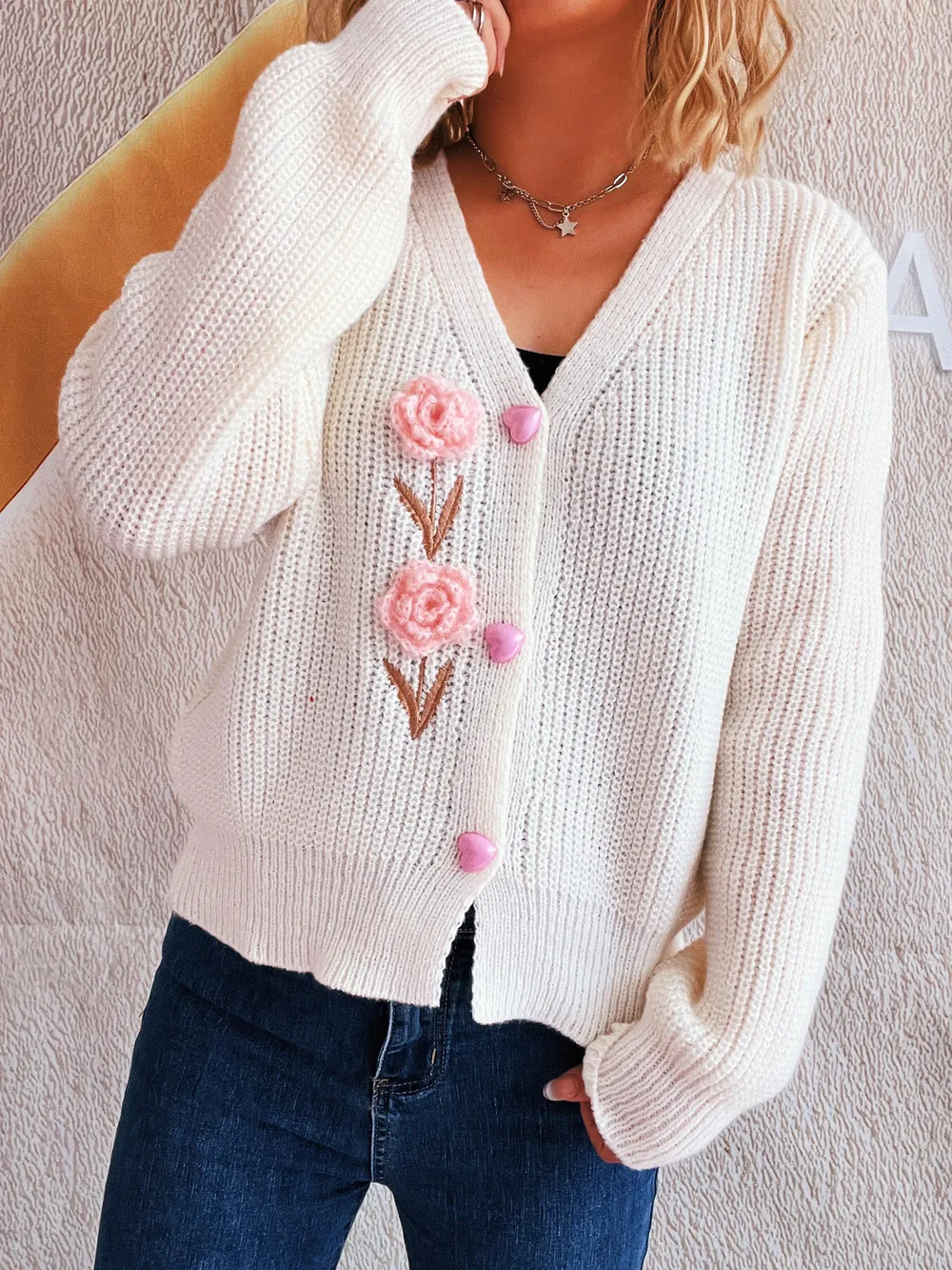 Flower V-Neck Button Up Cardigan, image 2