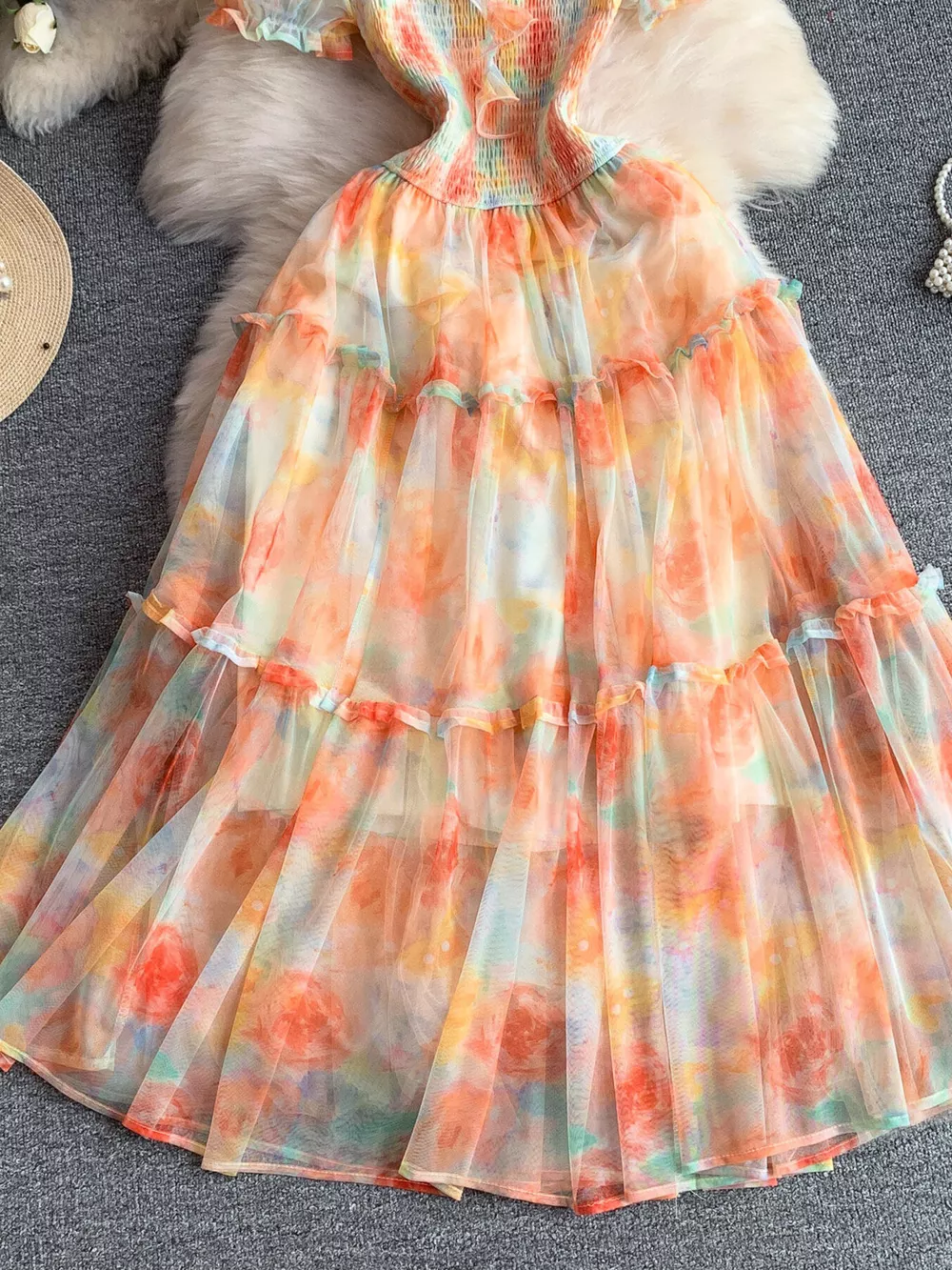 Smocked Floral Tiered Mesh Midi Dress, image 5