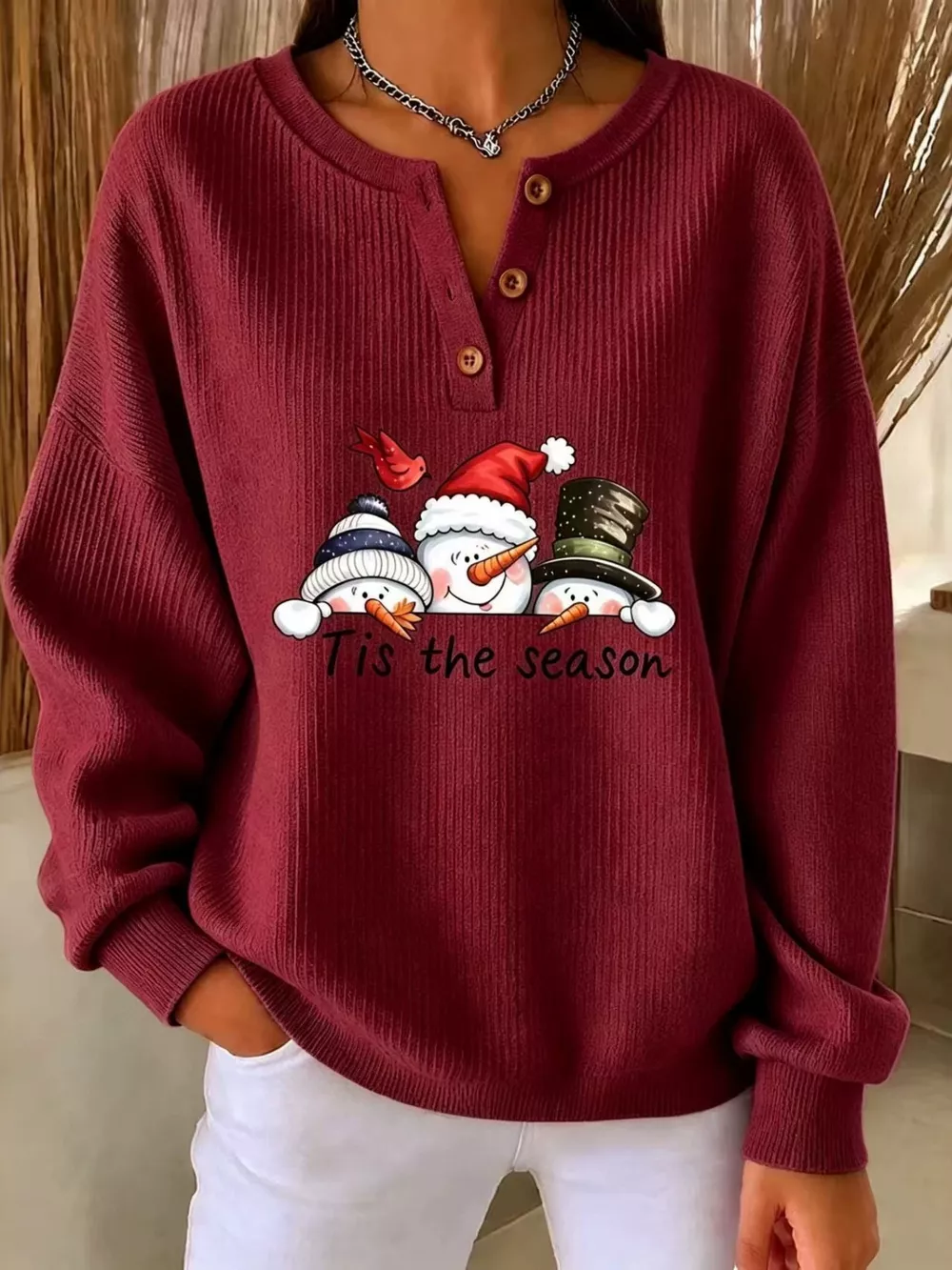 Full Size Christmas Themed Snowman Graphic Ribbed Henley Sweatshirt Plus Size, image 7