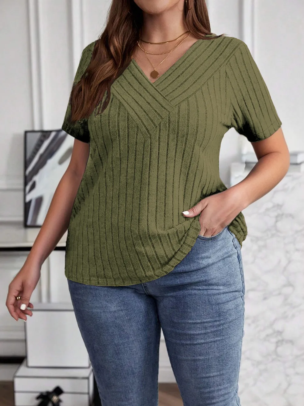 Plus Size V-Neck Short Sleeve Ribbed T-Shirt, image 13