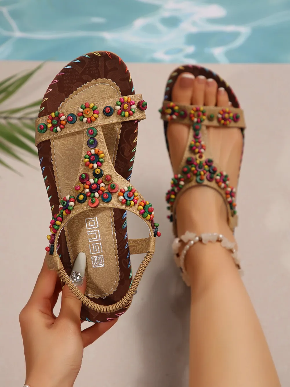 Beaded T-Strap Flat Sandals, image 3