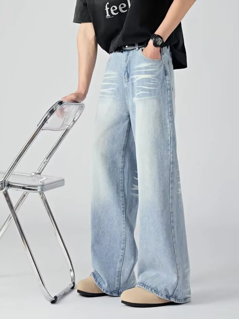 Men's Plus Size Wide Leg Wash Jeans, image 2