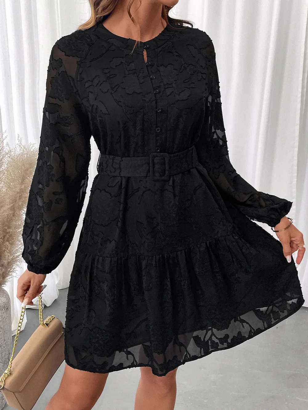 Button-Front Balloon Sleeve Mini Dress, image 11