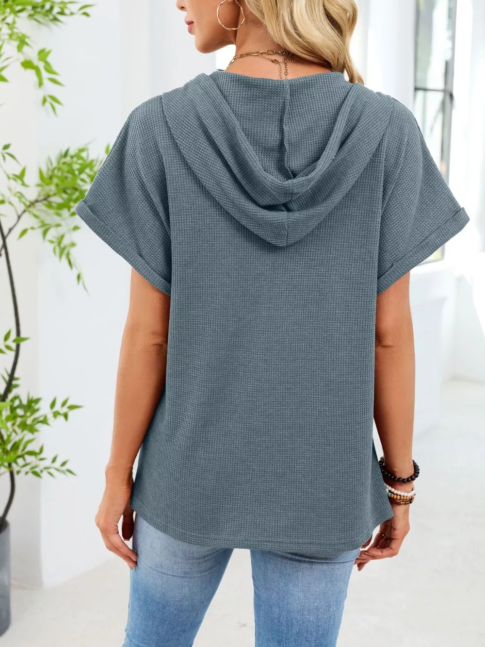 Casual Waffle Knit Button Detail Hooded Top, image 19