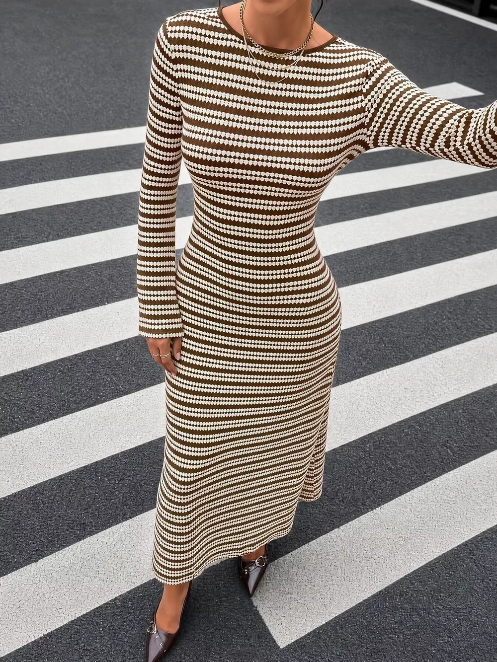 Striped Flare Sleeve Ribbed Knit Dress, image 4