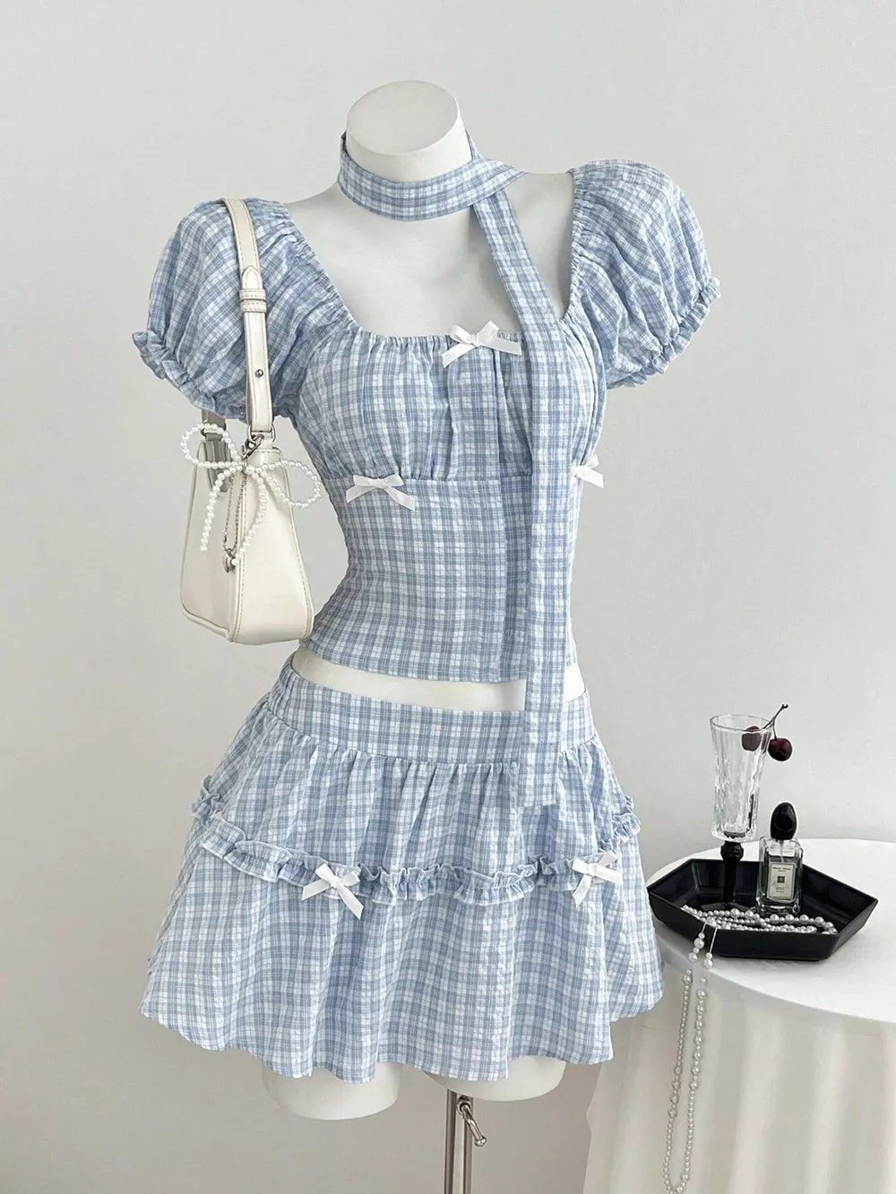 Plaid Puff Sleeve Blouse and Skirt Set