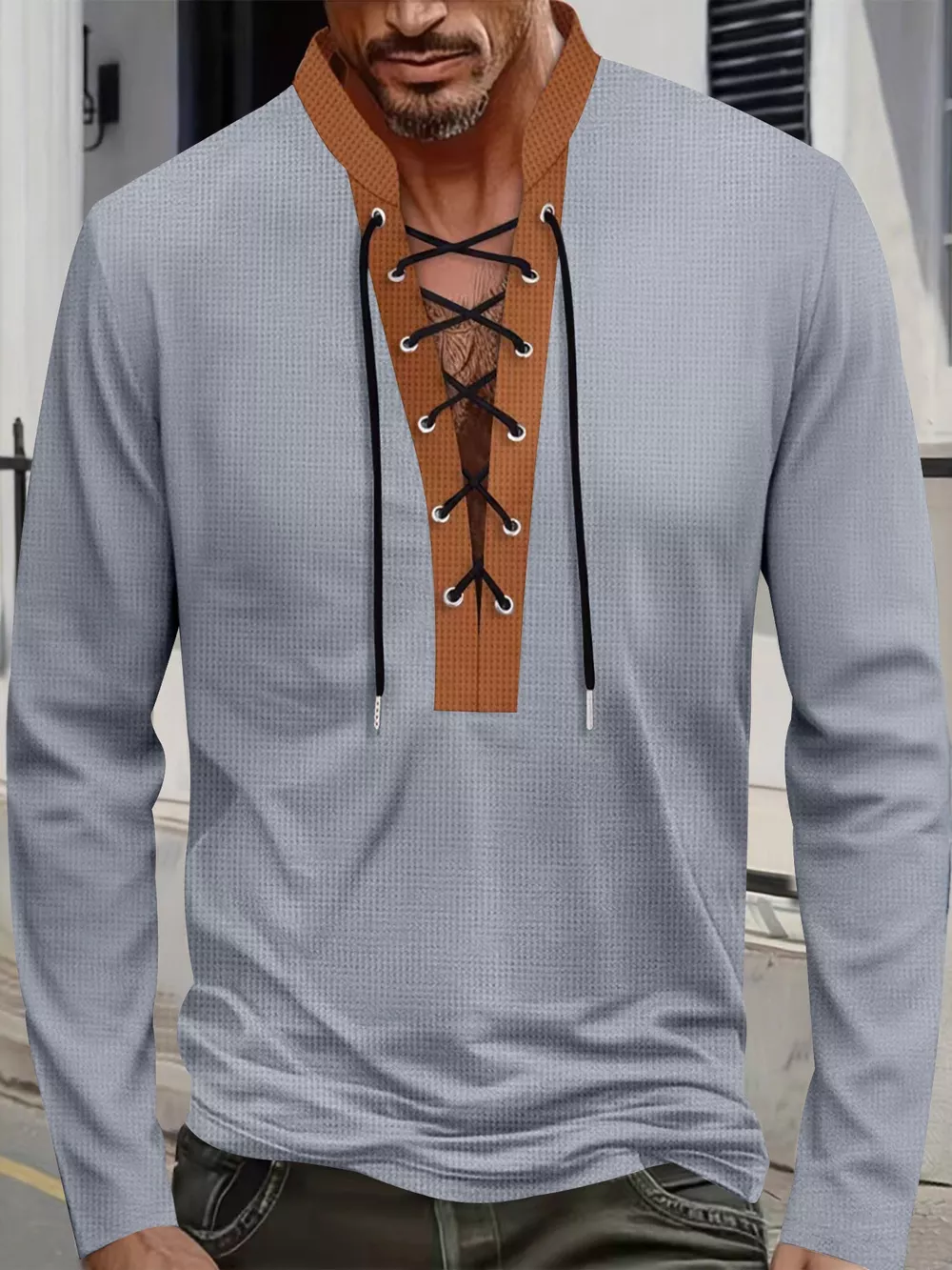 Men's Full Size Vintage Lace-Up Long Sleeve T-Shirt Plus Size, image 4