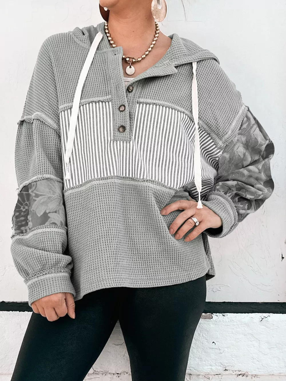 Waffle Knit Striped Drawstring Hoodie, image 6