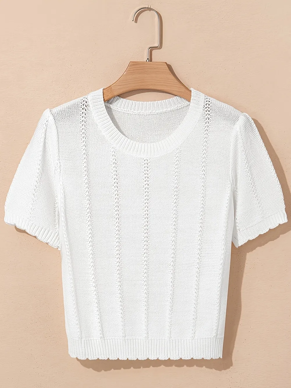 Openwork Round Neck Short Sleeve Sweater, image 5