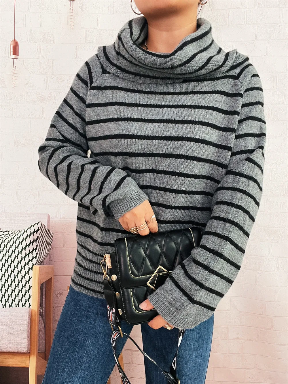 Striped Turtleneck Long Sleeve Sweater, image 3
