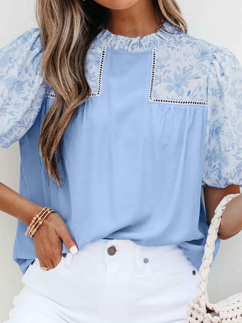 Lace Insert Floral Puff Sleeve Patchwork Loose Blouse, image 10