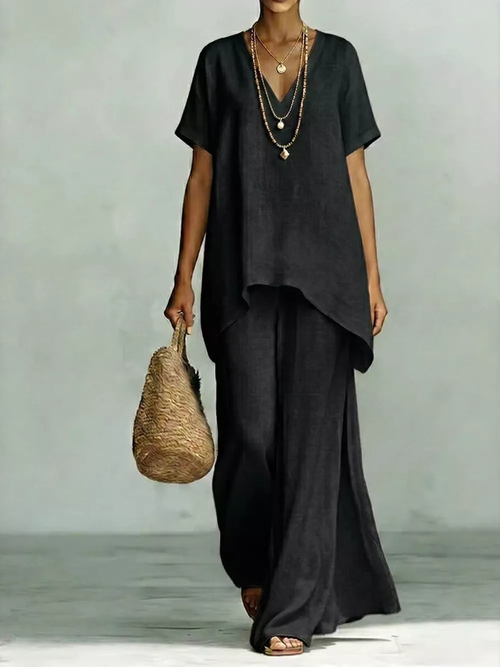 Full Size V-Neck Top and Wide-Leg Pants Set Plus Size, image 5