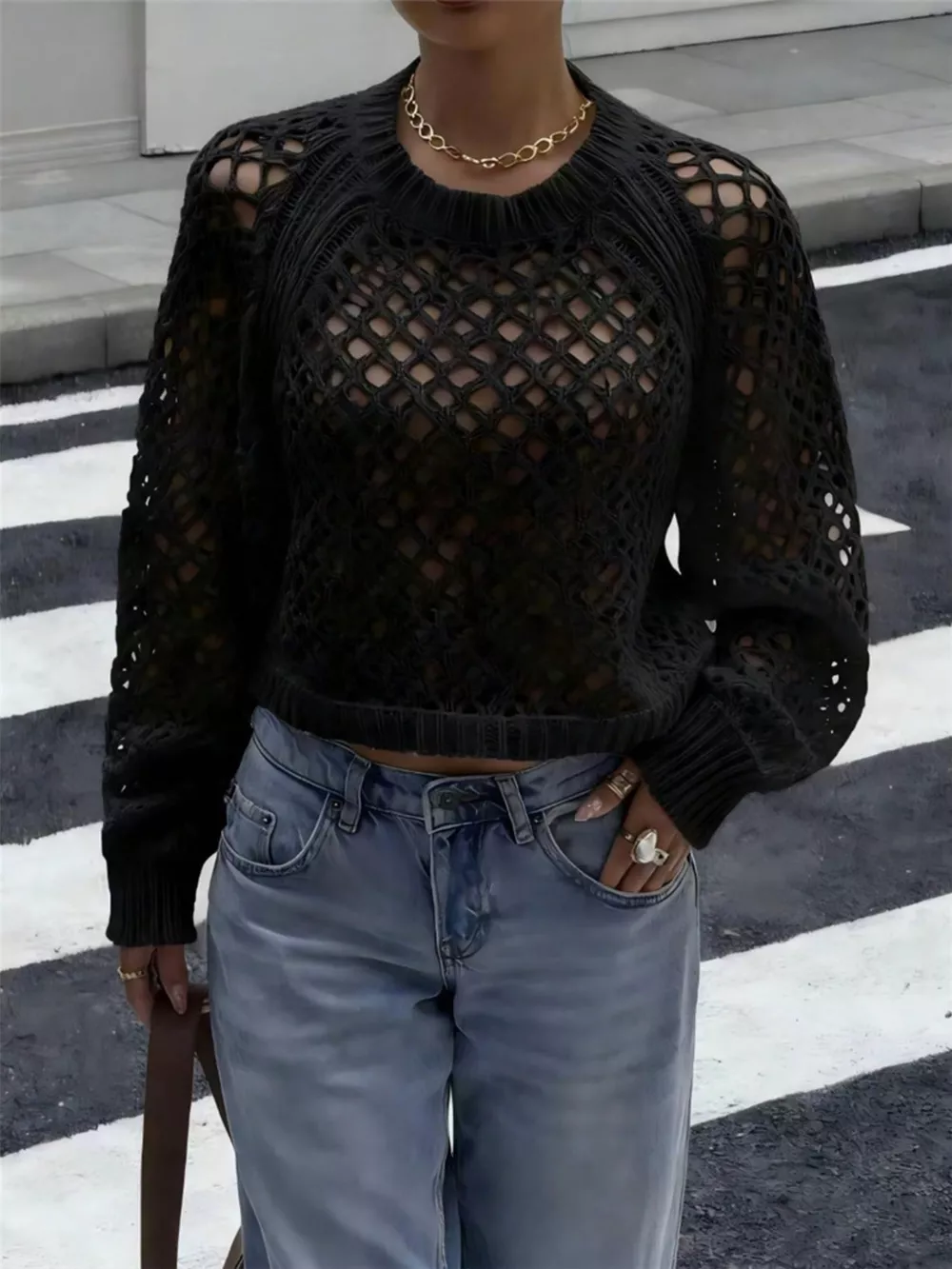 Crochet Knit Raglan Sleeve Sweater, image 5