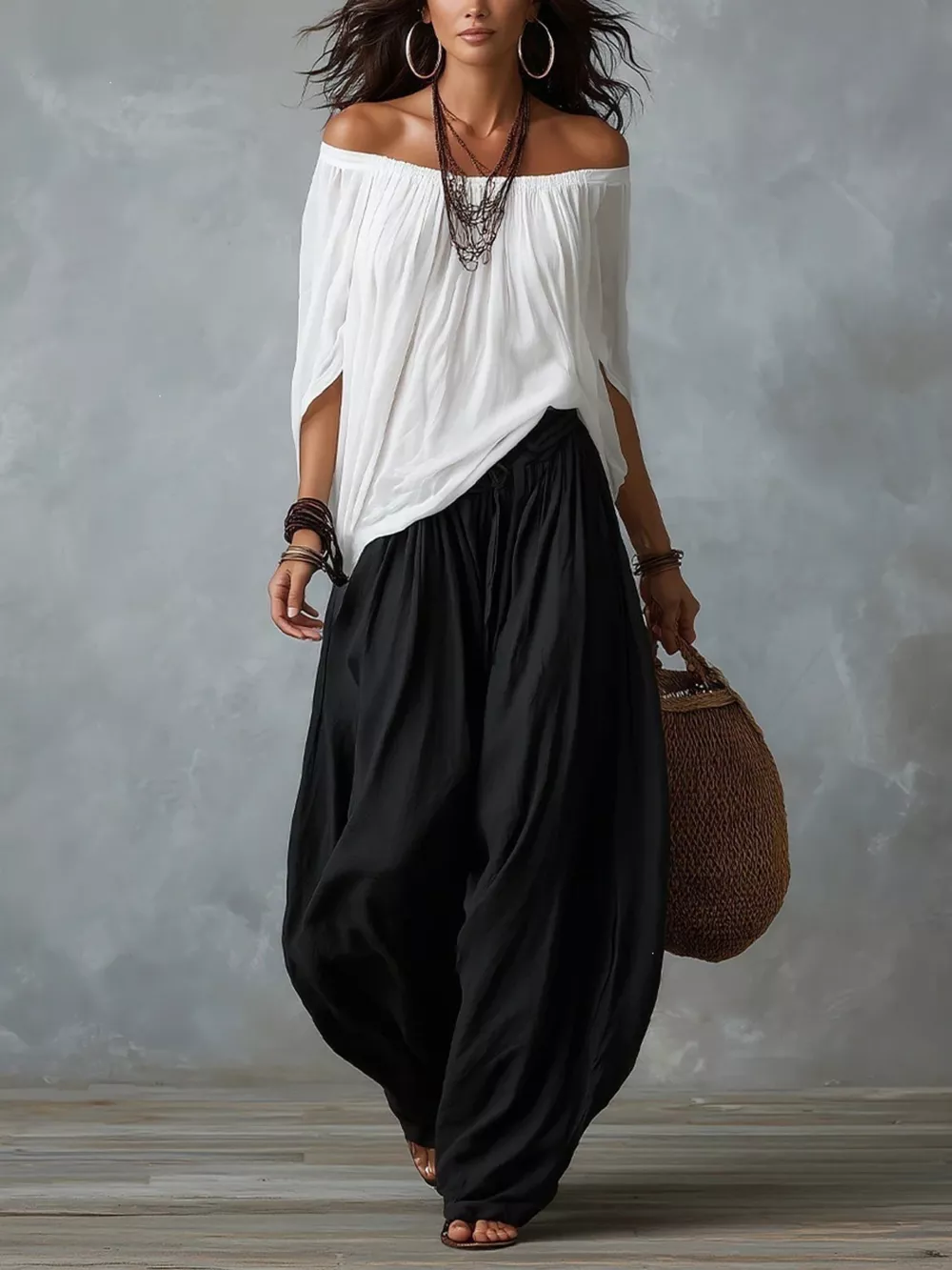 Full Size Off-Shoulder Top and Wide-Leg Harem Pants Set Plus Size, image 3