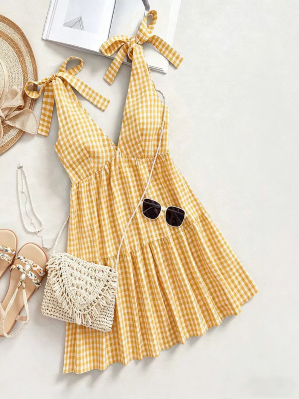 Gingham Tie-Shoulder Mini Dress, image 7