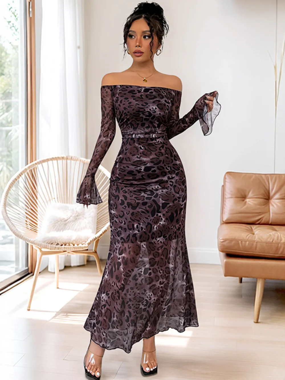 Off-Shoulder Long Sleeve Maxi Dress, image 4