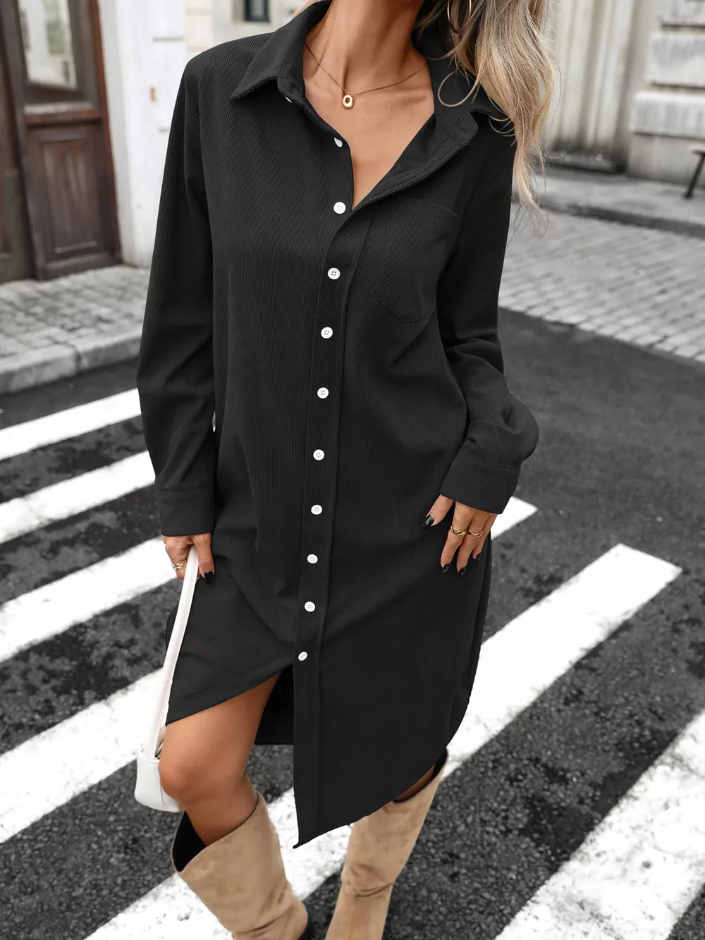 Corduroy Shirt Dress with Button-Down Front, image 18