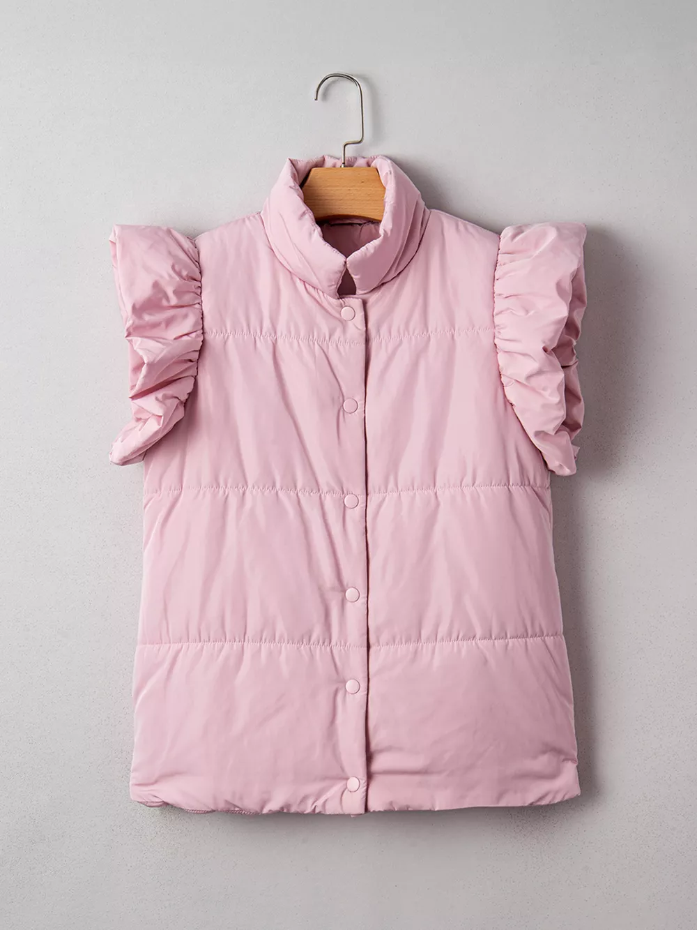 Stand Neck Flutter Sleeve Snap Button Puffer Vest, image 13