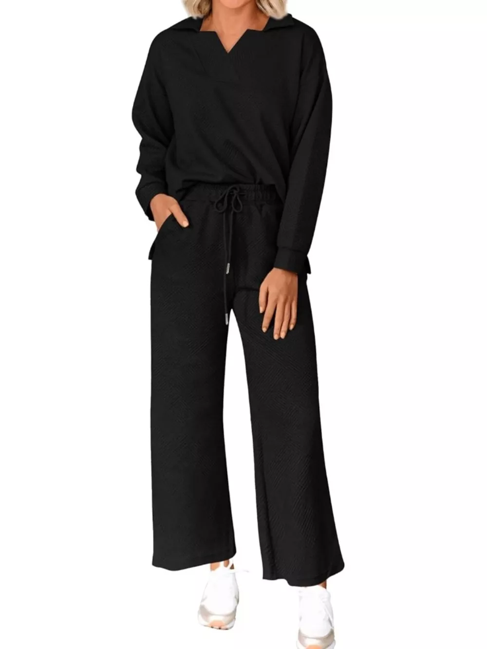 Side Slit Textured Top and Drawstring Pants Set, image 9