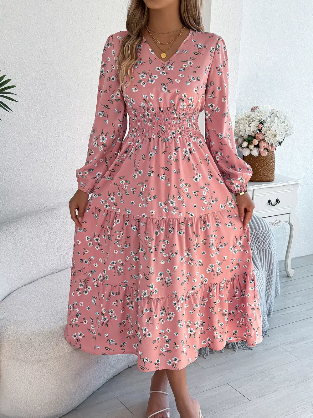 Floral Print Long Sleeve V-Neck Midi Dress, image 14